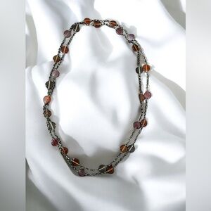 ✅Vintage 80’s dark amber / red color beads, gunmetal chain necklace 🧡❤️🩶